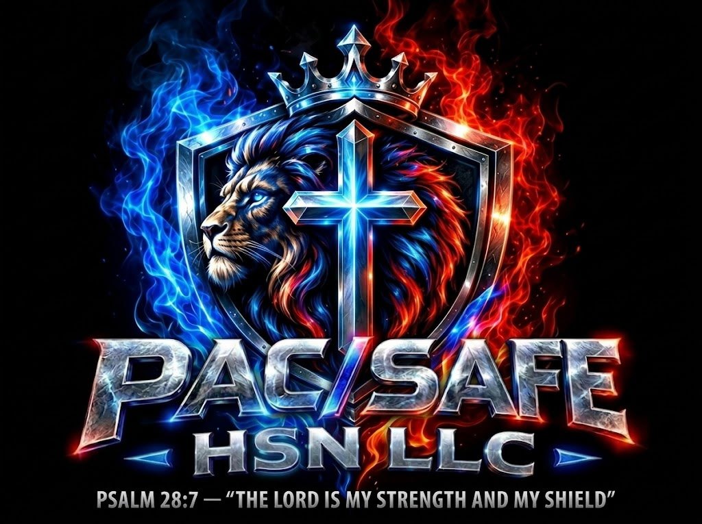 PAC/SAFE HSN emblem: a lion and cross on a crowned shield, with Psalm 28:7, &ldquo;The LORD is my strength and my shield&rdquo;